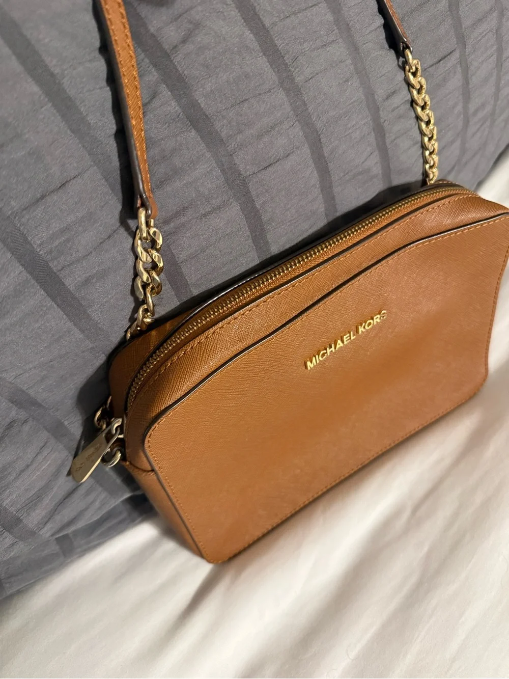 Michael Kors Brown Leather Crossbody with Gold Chain Accent